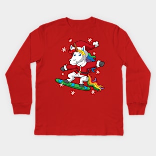 Christmas Unicorn Santa Snowboarding Kids Long Sleeve T-Shirt